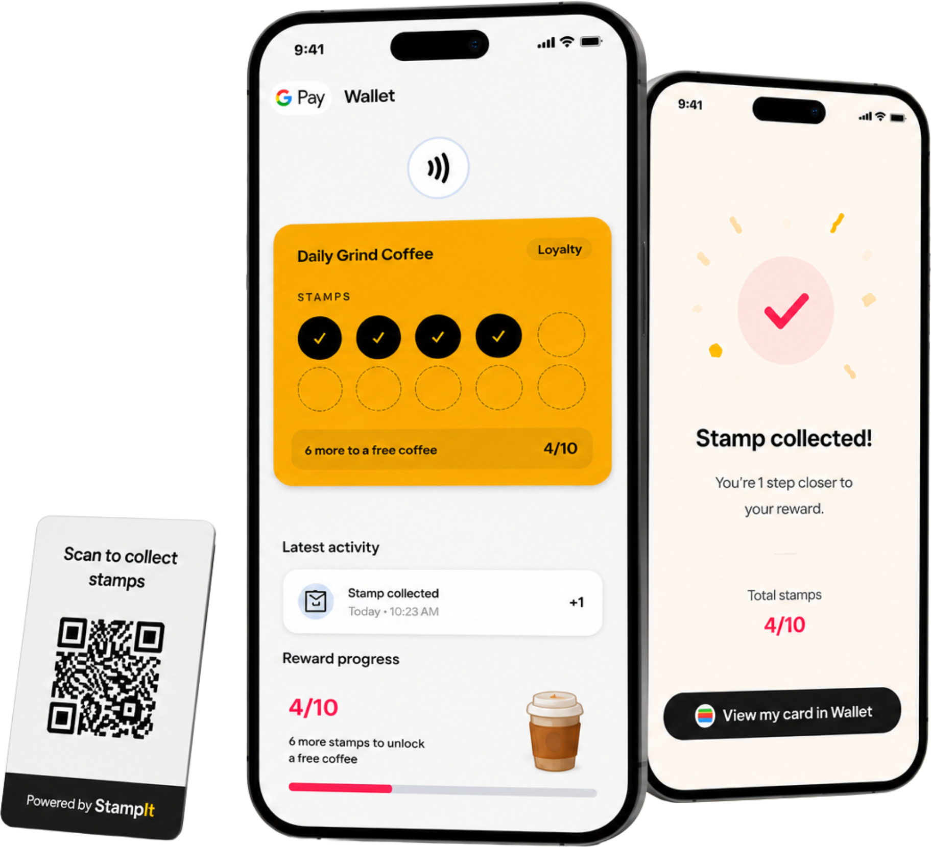 StampIt loyalty card in a digital wallet, a QR scan card, and a stamp-collected confirmation shown on phones